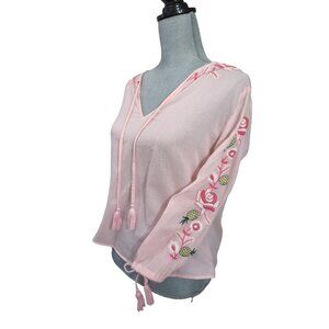 LeTarte Embroidered Top Womens S Pink Lightweight V-Neck Cotton Beach Vacation